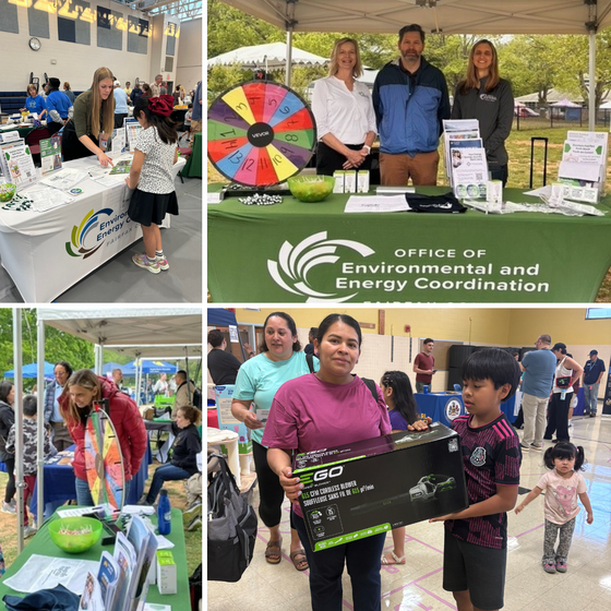 Community events featuring the Office of Environmental and Energy Coordination booth, prize wheel, and raffle winner holding an electric leaf blower.