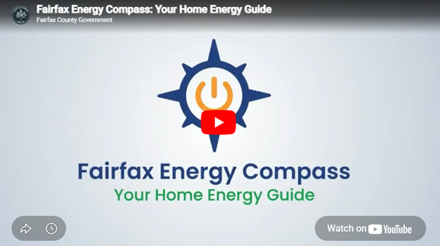 YouTube thumbnail for “Fairfax Energy Compass: Your Home Energy Guide” featuring a blue compass logo with a power button icon.