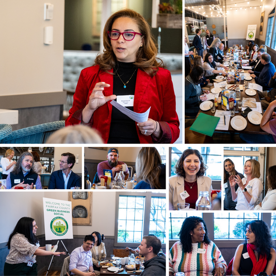 Collage of Fairfax County Green Business Social showing people speaking, networking, and dining at a community event.