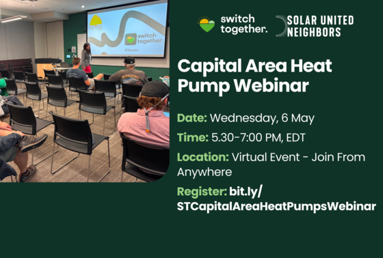 Flyer for Capital Area Heat Pump Webinar with event date, time, virtual location, registration link, and photo of an in-person presentation.