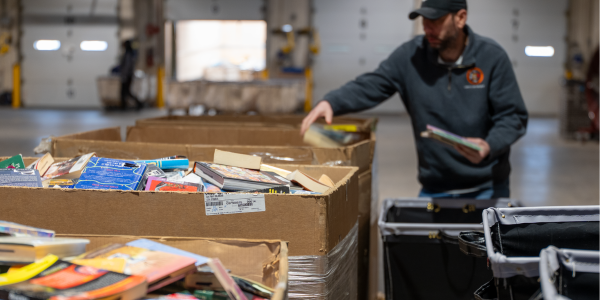 Worker sorting donated books in a warehouse, reaching into large boxes filled with assorted books.
