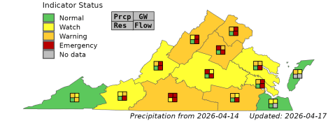 drought map of virginia showing warning and watch on most of the state. 