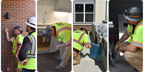 Four images of inspectors in safety vests and hard hats examining different parts of a building.