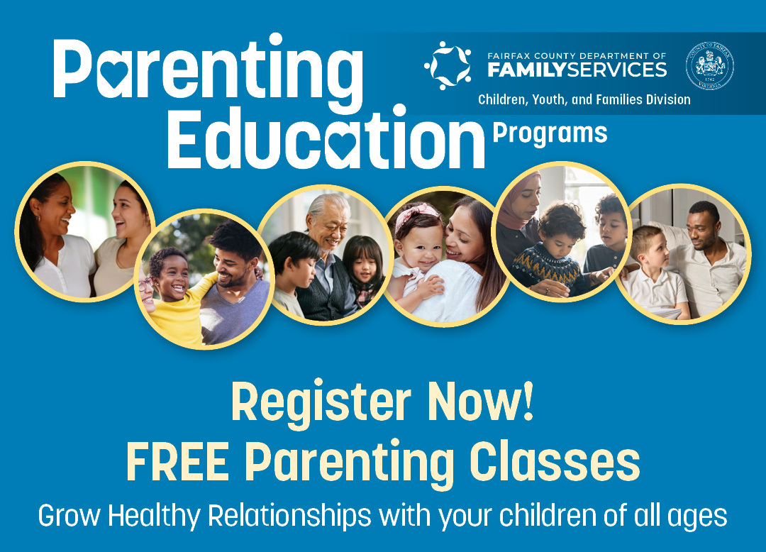 Ad for Parenting Education Classes featuring many families
