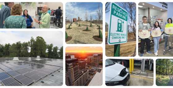 collage of environmental photos, including an ev parking sign and solar panels