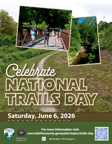 Poster inviting people to celebrate National Trails Day on Saturday, June 6, 2026, with photos of families walking on a wooded trail.