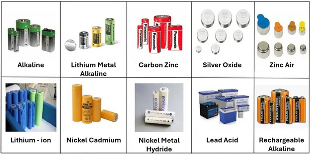 Image grid showing different battery types, including alkaline, lithium, carbon zinc, silver oxide, zinc air, nickel cadmium, lead acid, and more.