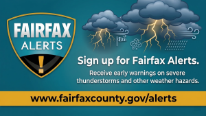 Graphic promoting Fairfax Alerts with storm cloud icons and web address