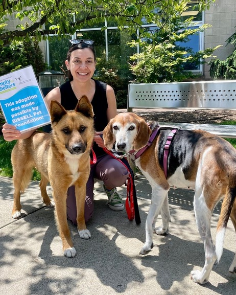 A woman sits with two dogs, holding a sign that reads "This adoption was made possible by the Bissell Pet Foundation."