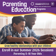 parenting education classes starting summer graphic with image of father and son