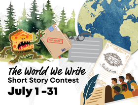 Colorful graphic with monster, globe, letters, and people reading, titled ‘The World We Write Short Story Contest, July 1–31.’