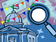 Colorful illustration of a government building with banners and a large magnifying glass.