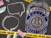 Fairfax County Police badge over chalk speech bubbles on pavement with police line tape and sidewalk chalk.