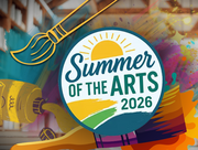 Colorful art-themed graphic with sun logo and text ‘Summer of the Arts 2026.’