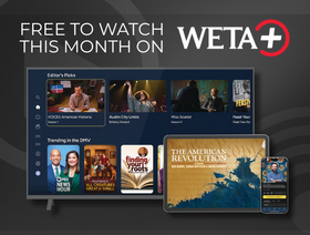 Streaming promo reading ‘Free to watch this month on WETA+’ with TV, tablet, and phone screens showing featured programs.