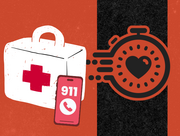 Illustration of a first aid kit, a phone showing 911, and a stopwatch with a heart, symbolizing urgent medical emergency response.