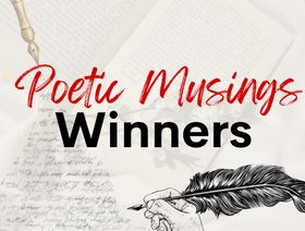 Graphic with handwritten pages and a quill pen, featuring the text “Poetic Musings Winners.”