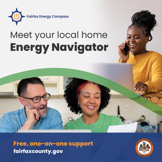 Graphic for Fairfax Energy Compass promoting free one-on-one home Energy Navigator support at fairfaxcounty.gov.