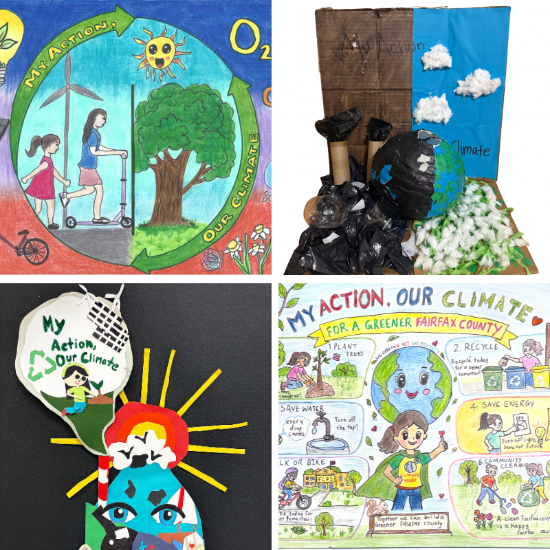 Collage of student artworks themed “My Action, Our Climate,” showing kids promoting recycling, clean energy, and greener Fairfax County.