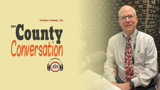 County Conversation podcast graphic with a host seated in a recording studio in Fairfax County, Virginia.