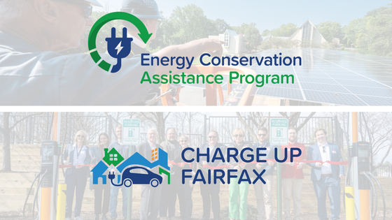 Graphic highlighting Fairfax County’s Energy Conservation Assistance Program and Charge Up Fairfax electric vehicle charging initiative.