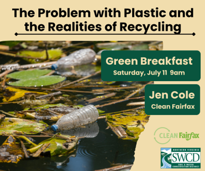 Graphic for “The Problem with Plastic and the Realities of Recycling” Green Breakfast event, showing plastic bottles floating in polluted water.