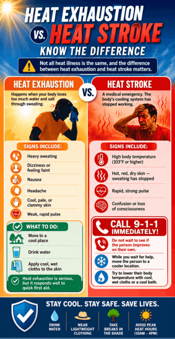 Infographic comparing symptoms of heat exhaustion vs. heat stroke and outlining first aid steps and emergency actions.