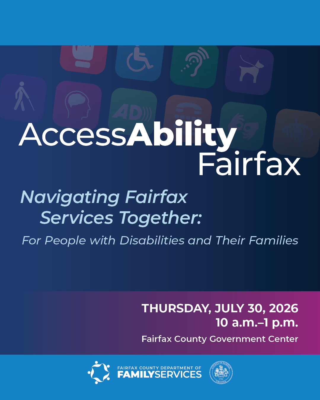 Flyer for “AccessAbility Fairfax” with a blue background and icons 