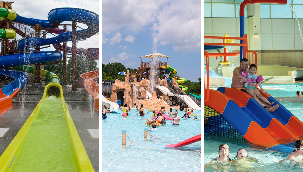 Slides at The Water Mine, children play at Our Special Harbor and a father with his child at the Cub Run Indoor Water Park.