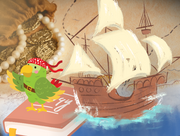 Illustration of a pirate ship and treasure map with a cute pirate parrot standing on a book by the sea.