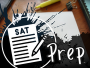 Graphic with a stylized SAT test paper and pencil over ink splashes, labeled “Prep” on a study desk background.