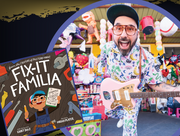 Colorful promo showing the “Fix-It Familia” book cover next to a smiling musician holding a guitar in a vibrant outdoor market.