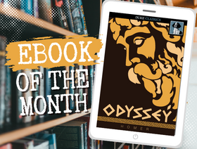 Graphic showing a tablet with the cover of Homer’s *Odyssey* and text reading “Ebook of the Month.”