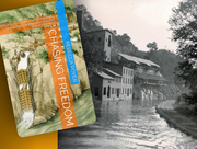 Book cover for “Chasing Freedom” overlaid on a historic black‑and‑white photo of buildings along a canal.