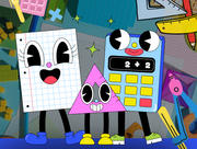 Colorful cartoon of smiling math tools—a graph paper sheet, triangle, and calculator—standing together amid school supplies.