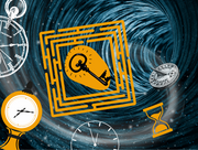 Surreal time-themed graphic with clocks, an hourglass, and a maze framing a key against a swirling vortex background.