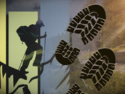 Stylized image of a hiker with trekking poles overlaid on nature scenes and large boot prints.