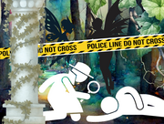 Illustrated forest crime scene with a detective examining a body, police tape, and shadowy fairies in the background.