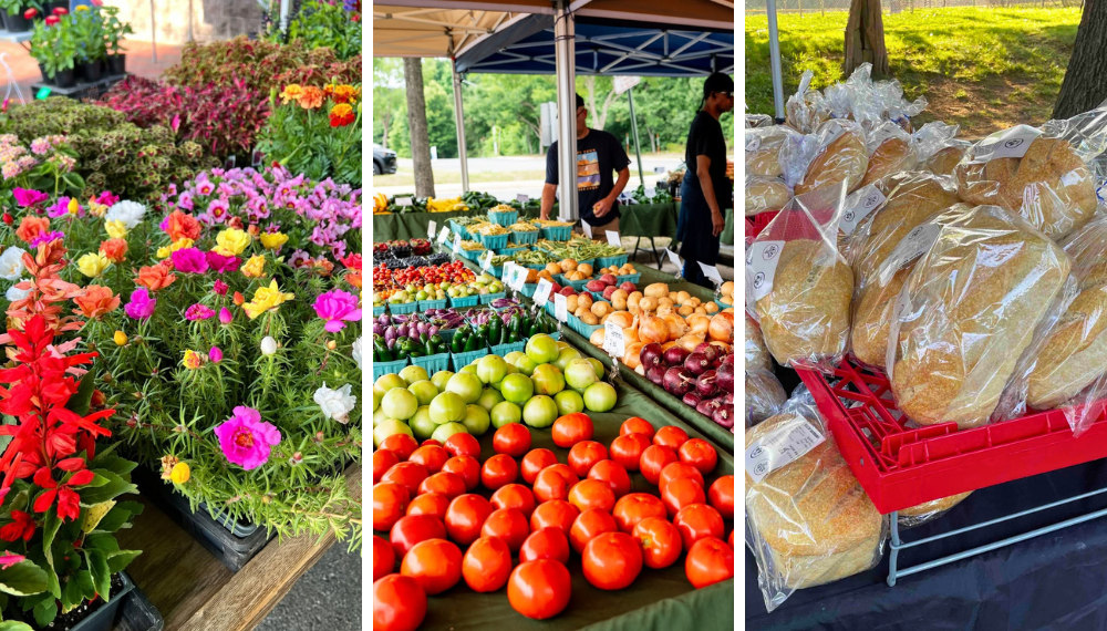 Collage of farmers market offerings including flowers, produce and freshly baked bread.