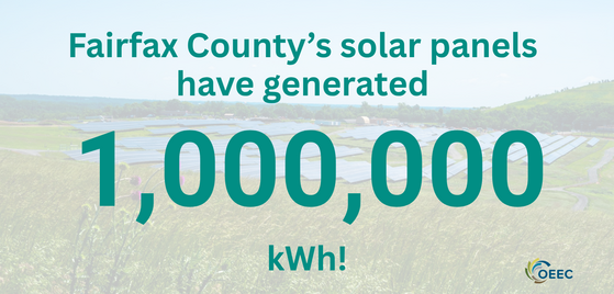 Graphic showing a solar farm with text stating that Fairfax County’s solar panels have generated 1,000,000 kWh, with the OEEC logo in the corner