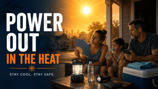 Family sitting outside during a sunset with emergency supplies, lantern light, and text reading ‘Power Out in the Heat. Stay cool. Stay safe.