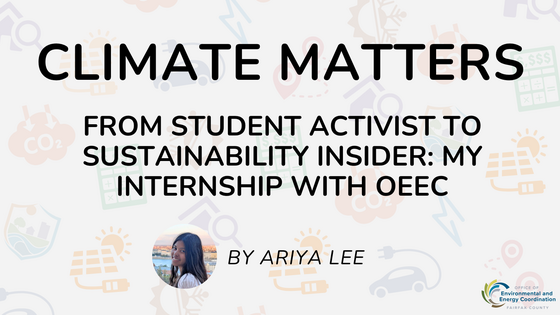 Graphic titled ‘Climate Matters’ with subtitle about a student activist’s internship with OEEC and a small profile photo.