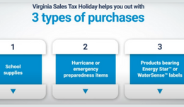 Virginia Sales Tax Holiday helps you out with 3 types of purchases: School supplies, Hurricane or emergency preparedness items and more.
