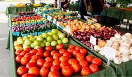 A table of fresh produce, including tomatoes, onions, eggplant and potatoes, at a Fairfax County farmers market. 