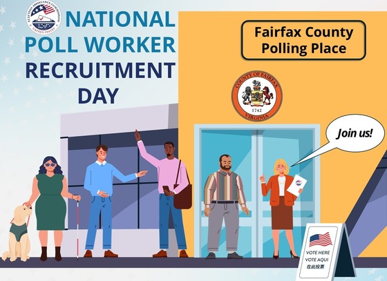 Graphic showing people outside a polling place, with a worker saying “Join us!” and a “Vote Here” sign.