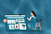 Illustrated picture of a woman looking at a screen with pictures of tools