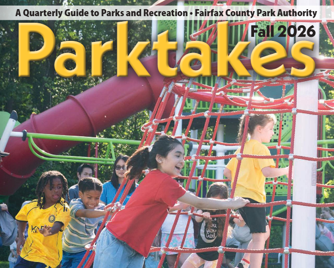 Parktakes Fall 2026 cover shows children playing on a jungle gym at a park.