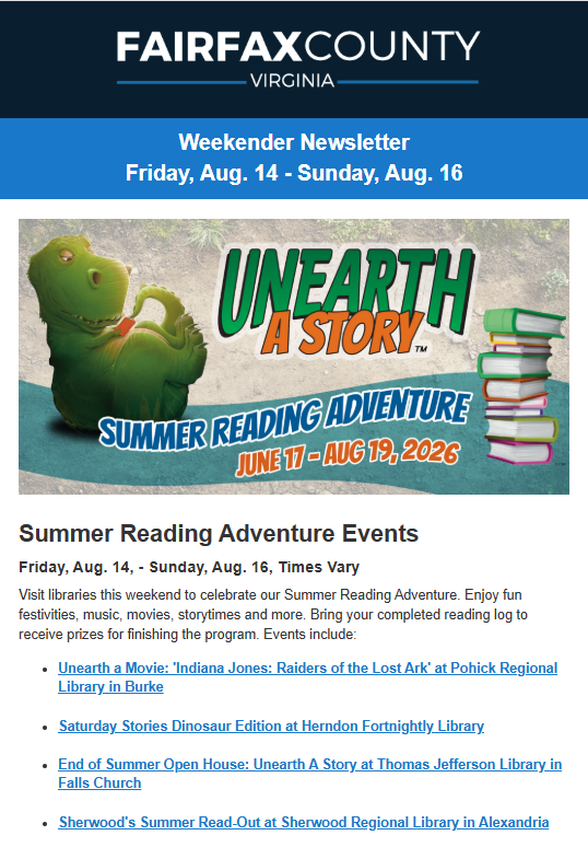 Screenshot of the latest Weekender newsletter.