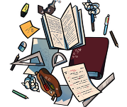 Graphic of various school supplies such as notebooks, pencils, pens, a clipboard and rulers.