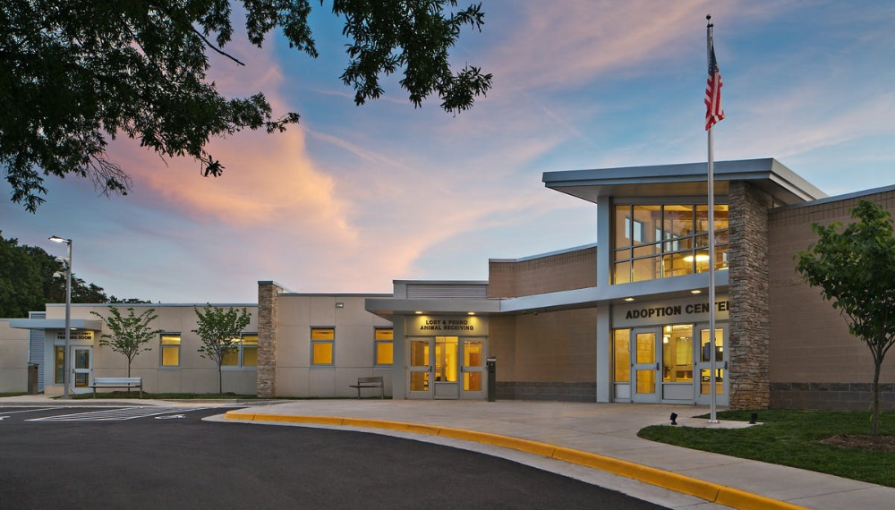 The outside of Animal Service's Michael R. Frey Campus  at sunset. 